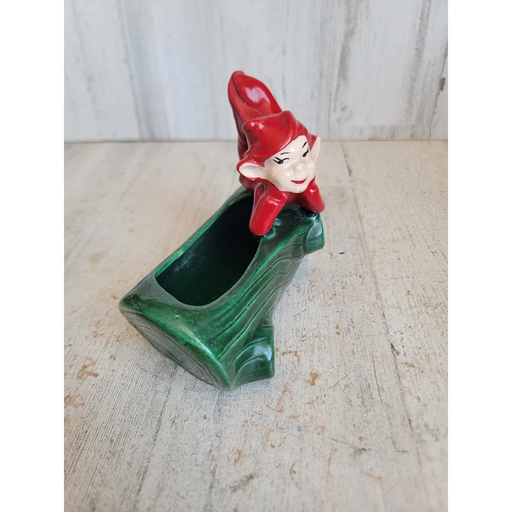 Vintage pixie elf log ceramic planter Xmas home decor art forest figure
